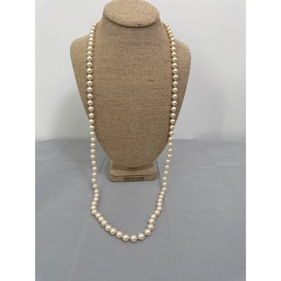 Vintage Long Faux Pearl Necklace Hand Knotted Hidden Pearl Clasp - Picture 1 of 4